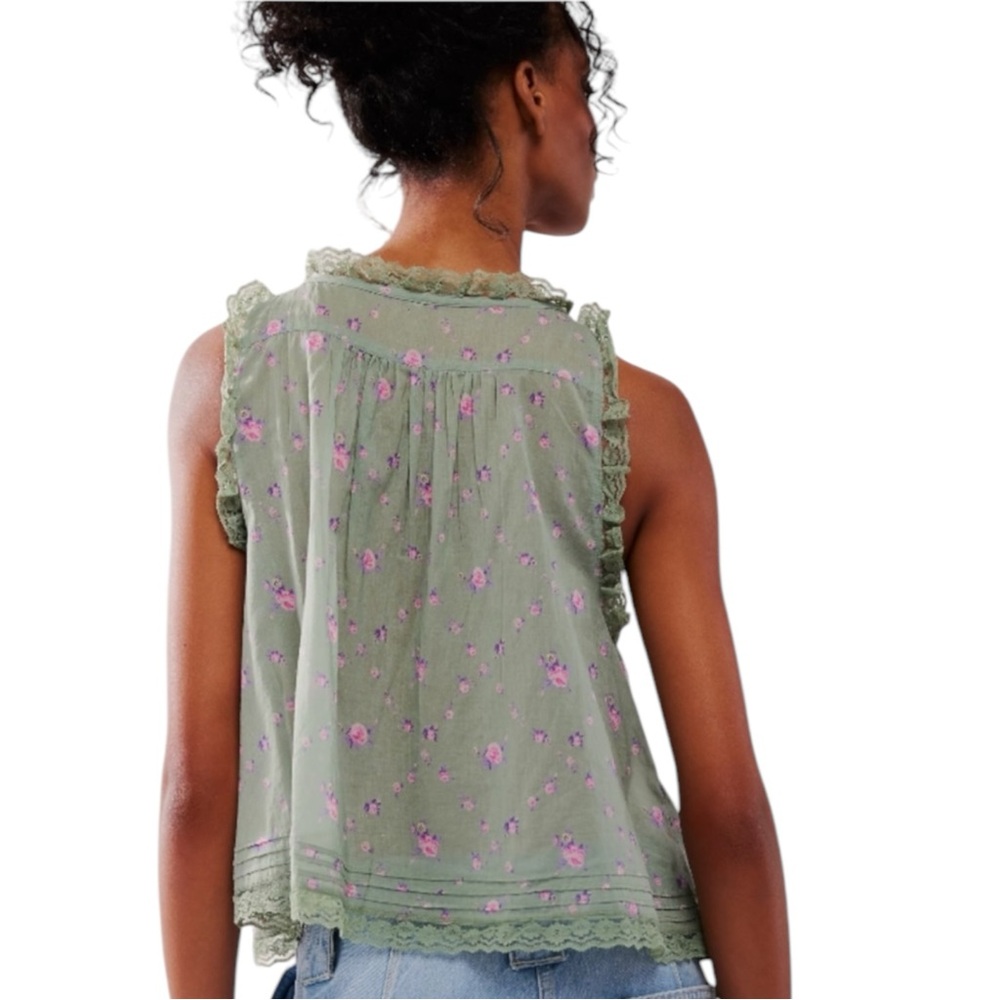 New FREE PEOPLE Forevermore Sheer Lace Floral Print Top Meadow Green Sz L - Picture 4 of 15